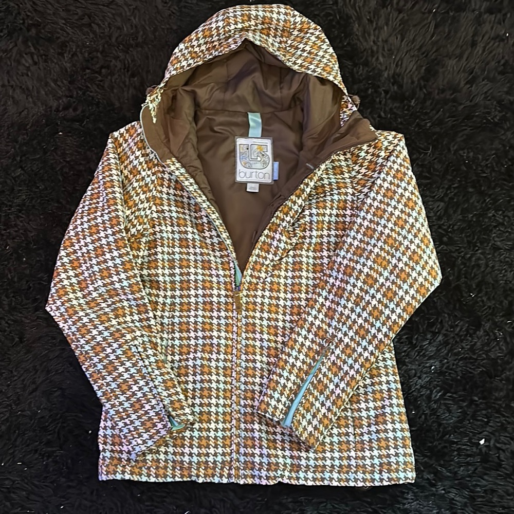 Burton Womens S Helsinki Jacket Snowboard Ski Houndstooth Brown Teal Hooded EUC